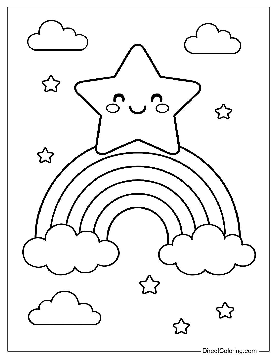 The star coloring page is on top of a colorful rainbow